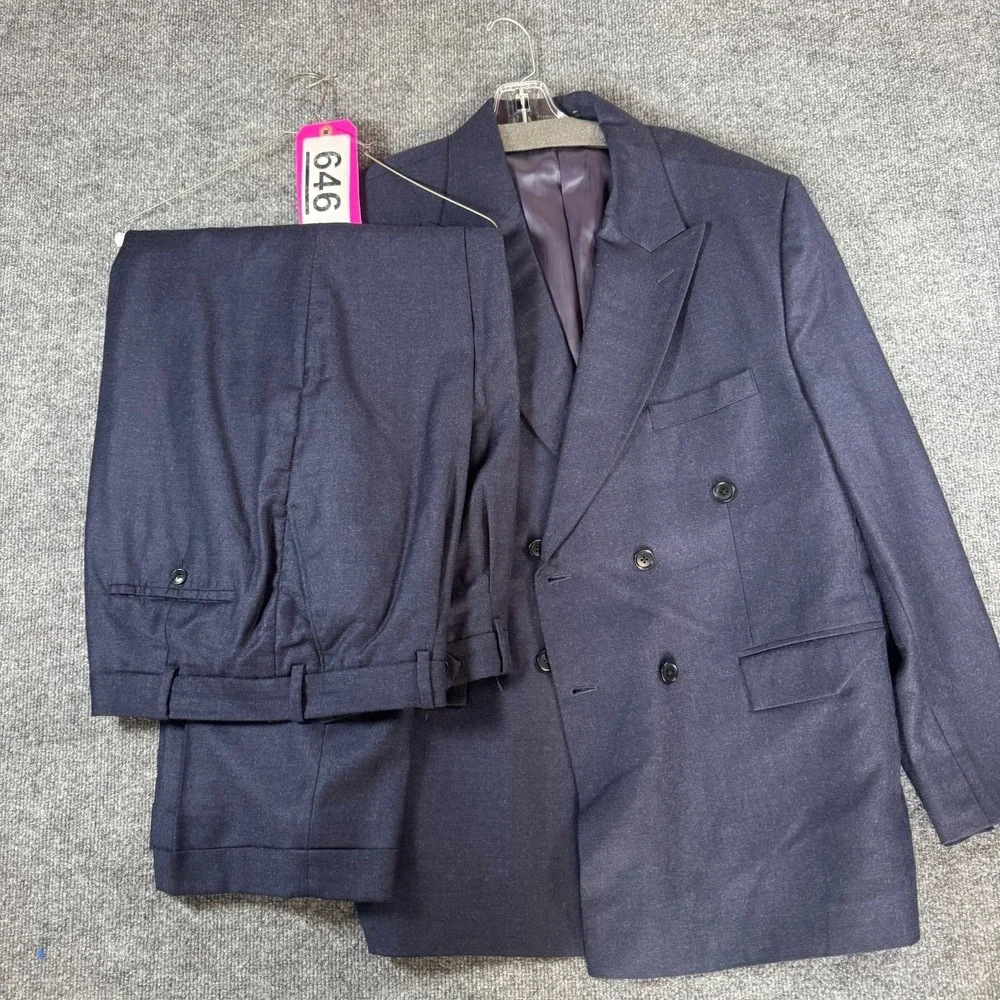 StudioSuits Men Double Breasted Suit Set Navy Blue Wool Pleated Pants 46R 41x29